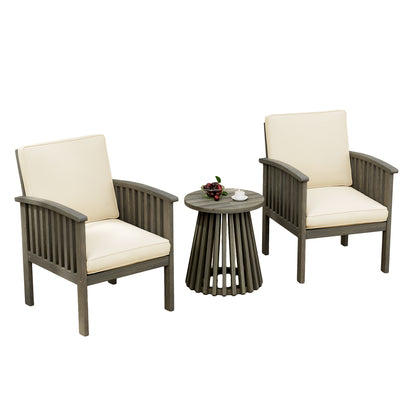 Patio Set Outdoor Acacia Wood Furniture Sets-Modern Club Chair Conversation Sets with Foldable End Table for Garden, Patio & Deck (Grey Finish+Cream)