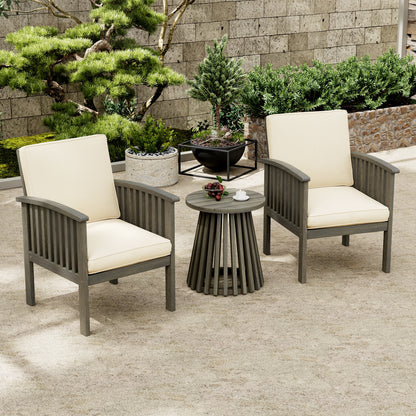 Patio Set Outdoor Acacia Wood Furniture Sets-Modern Club Chair Conversation Sets with Foldable End Table for Garden, Patio & Deck (Grey Finish+Cream)