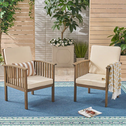 Patio Set Outdoor Acacia Wood Furniture Sets-Modern Club Chair Conversation Sets with Foldable End Table for Garden, Patio & Deck (Grey Finish+Cream)