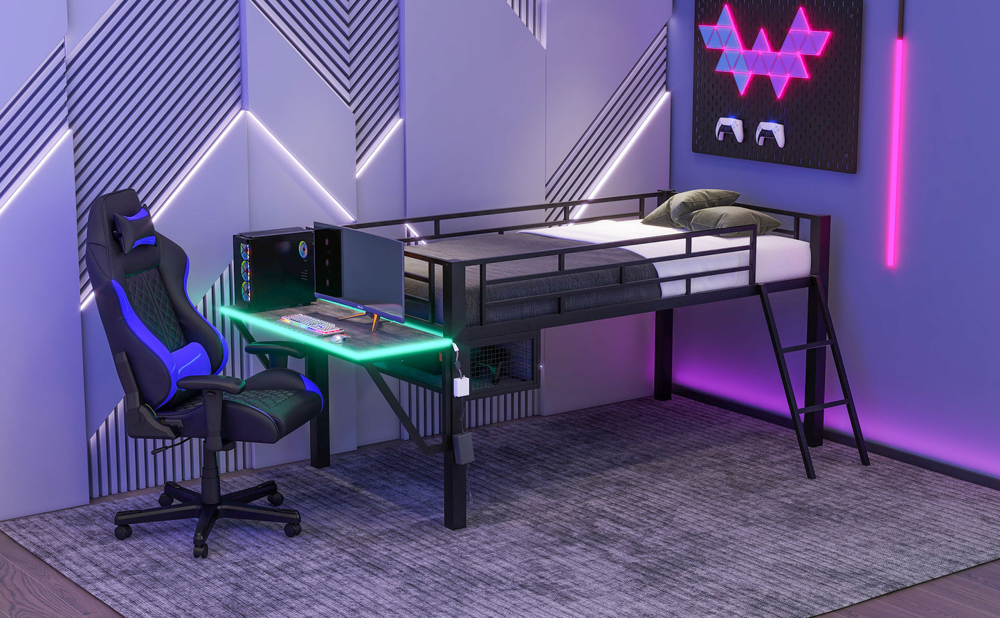 Gaming mid loft bed with desk, LED, Twin, Black