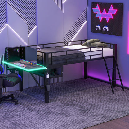 Gaming mid loft bed with desk, LED, Twin, Black