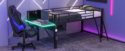 Gaming mid loft bed with desk, LED, Twin, Black
