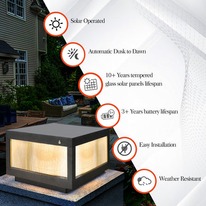 12" Black Solar Powered LED Post Cap Light, Modern Outdoor LED Fence Light for Pathways, Decks, and Patios (2-Pack)