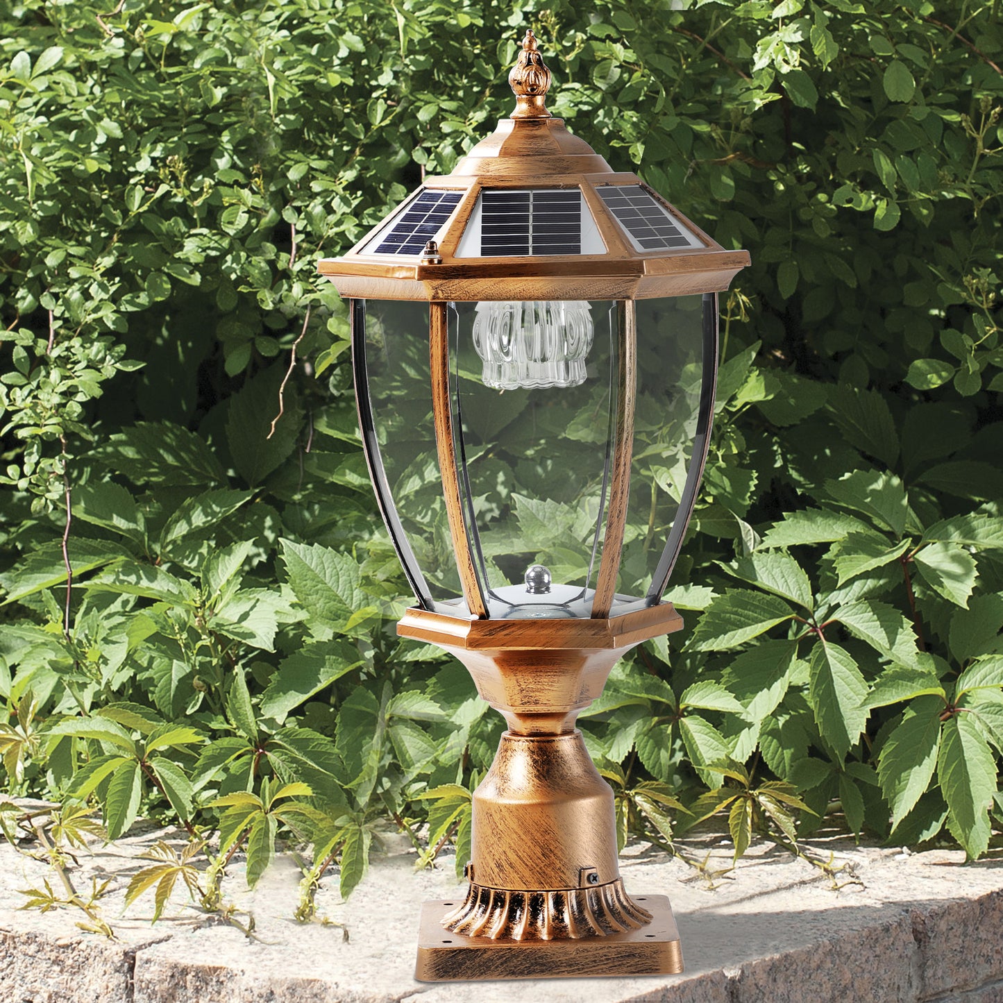 20"(H) Golden Solar Powered LED Outdoor Lantern, Vintage Garden Light with Elegant Glass Design for Pathways, Yards, and Patios (1-Pack)