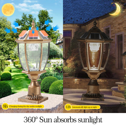 20"(H) Golden Solar Powered LED Outdoor Lantern, Vintage Garden Light with Elegant Glass Design for Pathways, Yards, and Patios (1-Pack)