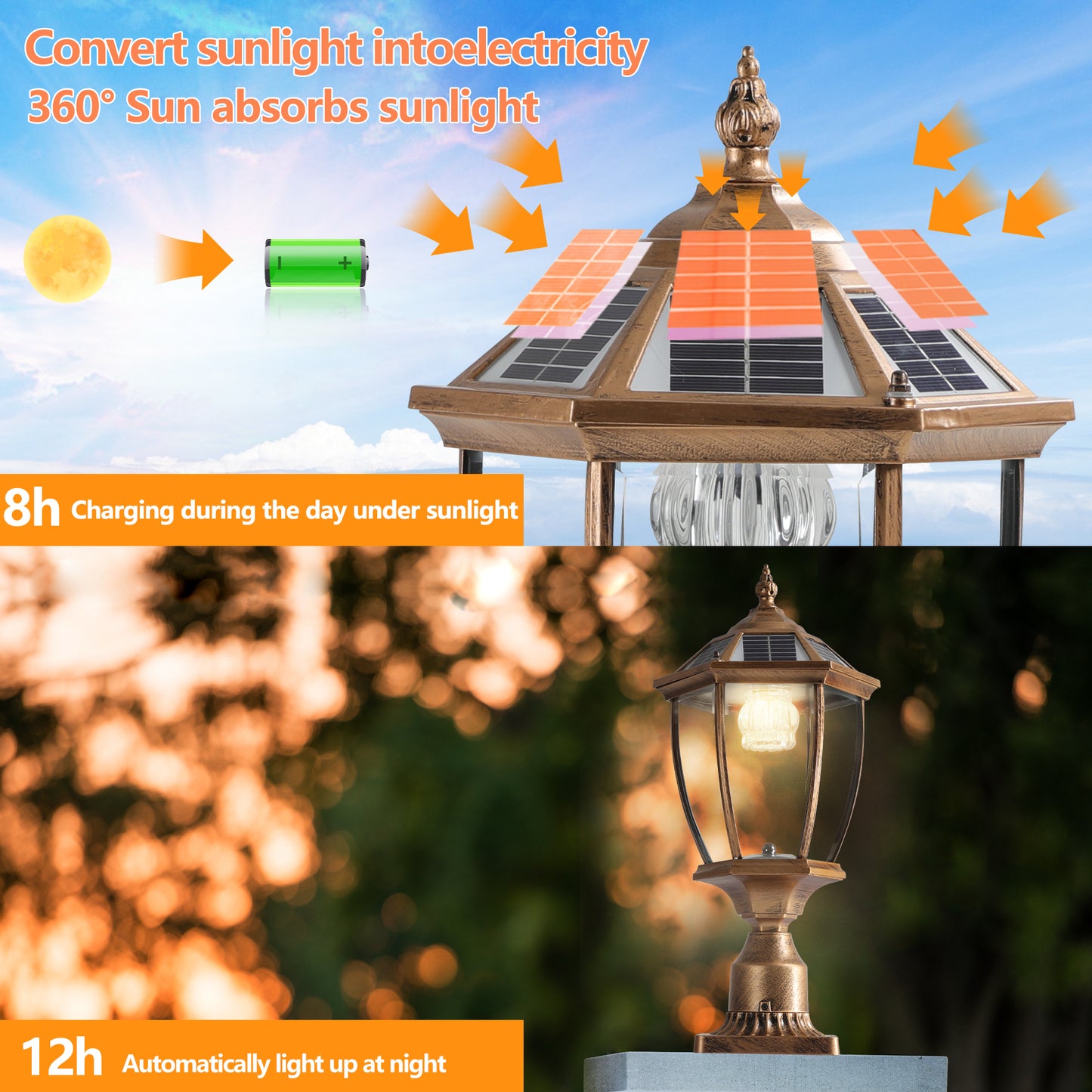 20"(H) Golden Solar Powered LED Outdoor Lantern, Vintage Garden Light with Elegant Glass Design for Pathways, Yards, and Patios (1-Pack)