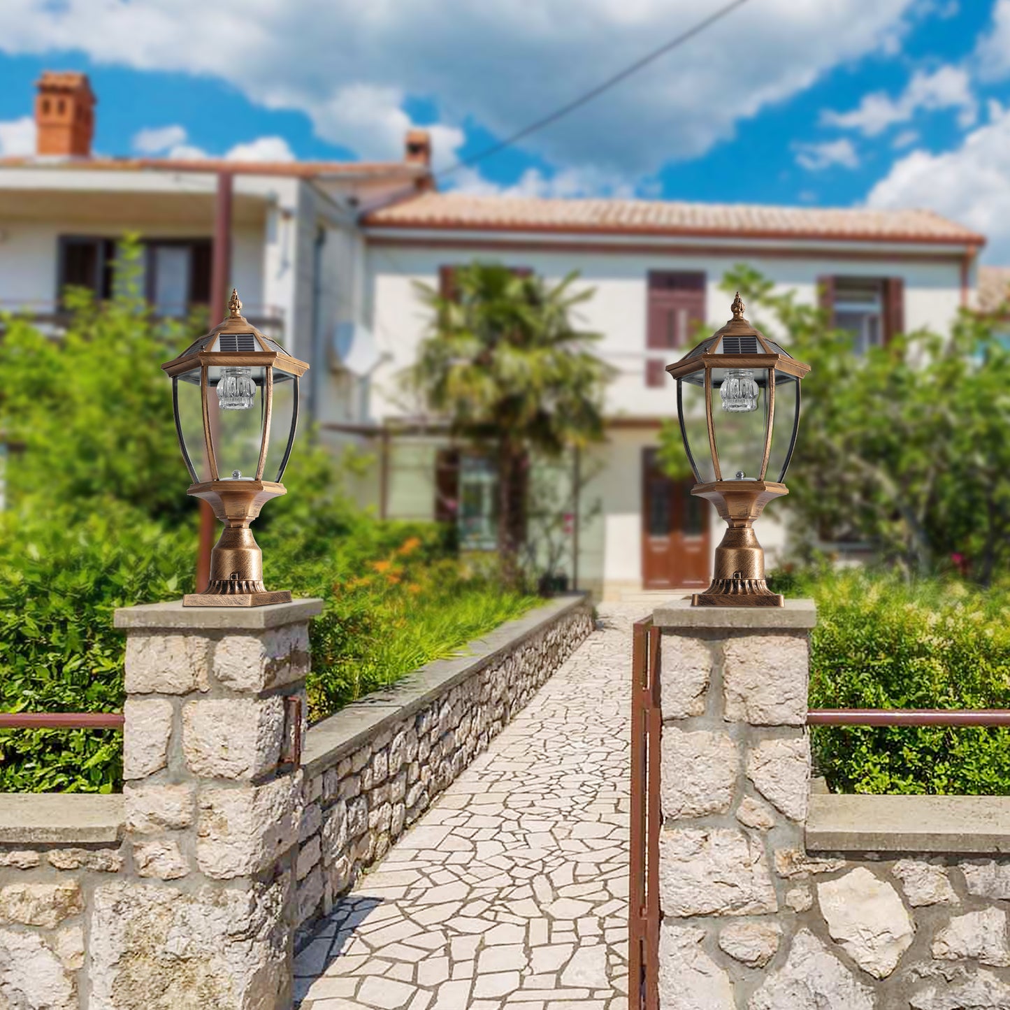 Retro gold Solar Column Headlights With Dimmable LED(2 pack)