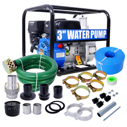 Semi Trash Pump 3 inch, 209cc 7HP 4 stroke OHV ENGINE, Gas Powered Semi Trash Water Pump  50 ft Discharge Hose, 12 ft Suction Hose with Complete Fittings,EPA compliant
