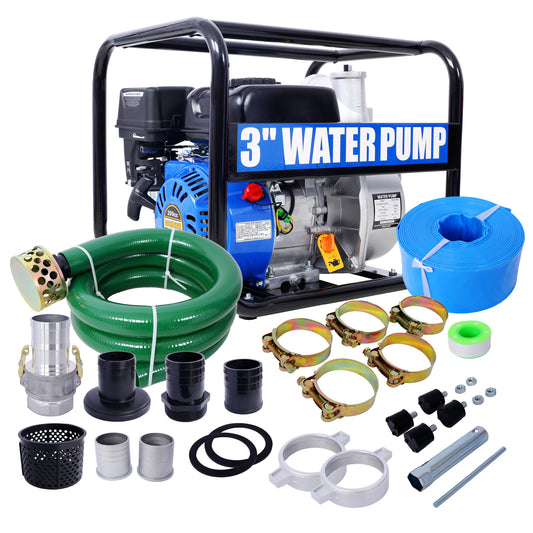 Semi Trash Pump 3 inch, 209cc 7HP 4 stroke OHV ENGINE, Gas Powered Semi Trash Water Pump  50 ft Discharge Hose, 12 ft Suction Hose with Complete Fittings,EPA compliant