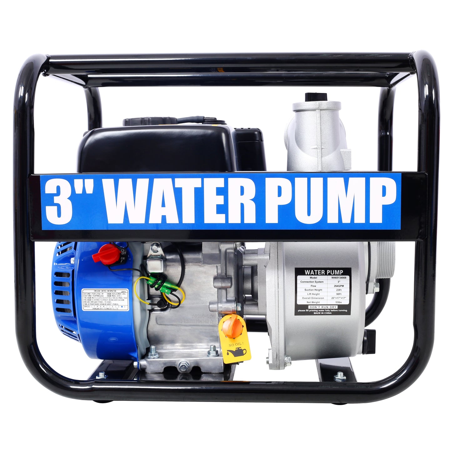 Semi Trash Pump 3 inch, 209cc 7HP 4 stroke OHV ENGINE, Gas Powered Semi Trash Water Pump  50 ft Discharge Hose, 12 ft Suction Hose with Complete Fittings,EPA compliant