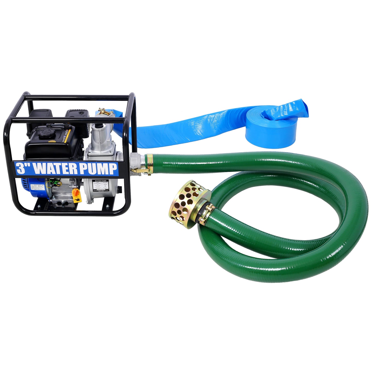 Semi Trash Pump 3 inch, 209cc 7HP 4 stroke OHV ENGINE, Gas Powered Semi Trash Water Pump  50 ft Discharge Hose, 12 ft Suction Hose with Complete Fittings,EPA compliant