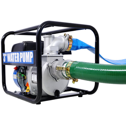Semi Trash Pump 3 inch, 209cc 7HP 4 stroke OHV ENGINE, Gas Powered Semi Trash Water Pump  50 ft Discharge Hose, 12 ft Suction Hose with Complete Fittings,EPA compliant
