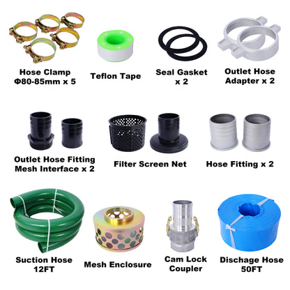 Semi Trash Pump 3 inch, 209cc 7HP 4 stroke OHV ENGINE, Gas Powered Semi Trash Water Pump  50 ft Discharge Hose, 12 ft Suction Hose with Complete Fittings,EPA compliant