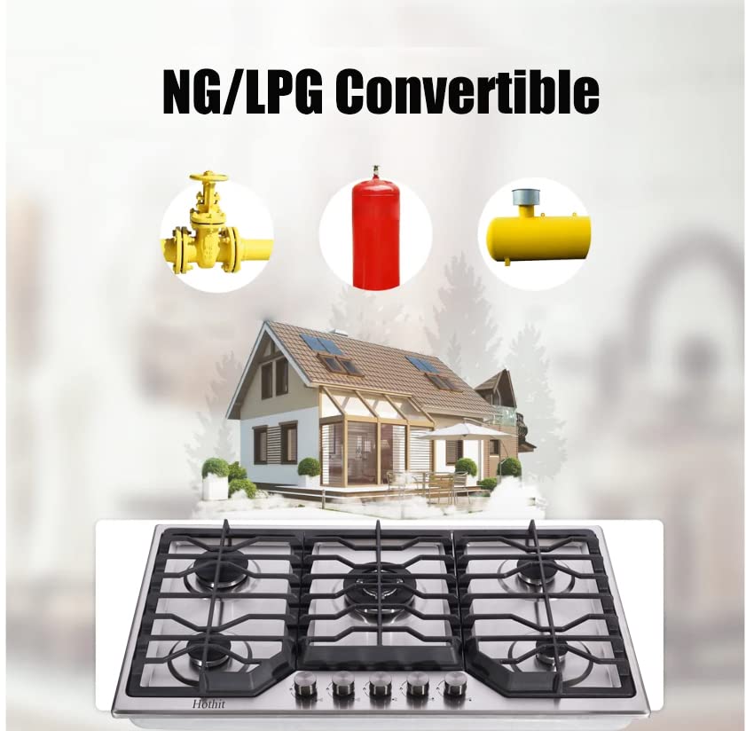 AHT34IN10S Hothit 5 Burners 34 inch Gas Cooktop, 36000 BTU Stainless Steel Gas Range Top, Gas Cooker Stove Propane Gas/Natural Gas Convertible