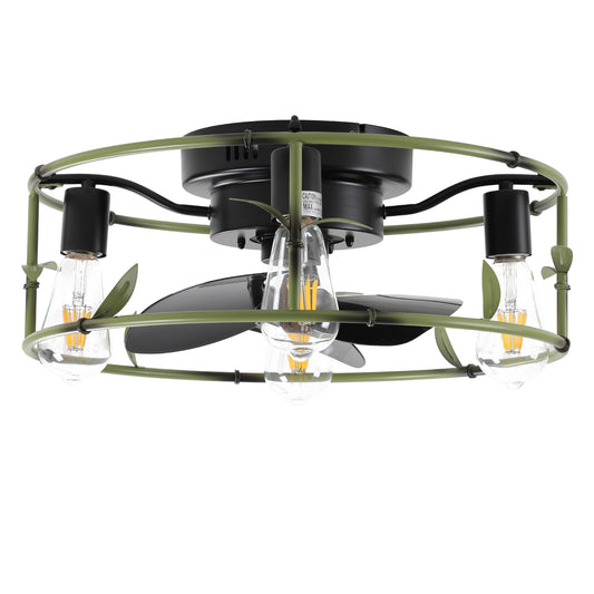 Flush Mount Ceiling Fans with Lights and Remote Control green Caged Low Profile Ceiling Fan Modern Metal Ceiling fanfor Farmhouse Dining Room Bedroom Kitchen Living Room  Item Code: