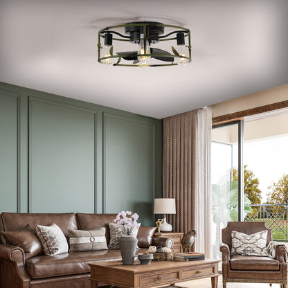 Flush Mount Ceiling Fans with Lights and Remote Control green Caged Low Profile Ceiling Fan Modern Metal Ceiling fanfor Farmhouse Dining Room Bedroom Kitchen Living Room  Item Code: