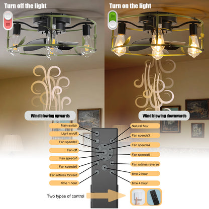 Flush Mount Ceiling Fans with Lights and Remote Control green Caged Low Profile Ceiling Fan Modern Metal Ceiling fanfor Farmhouse Dining Room Bedroom Kitchen Living Room  Item Code: