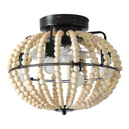 18" Bohemian Wood Beaded Ceiling Fan with Light, Flush Mount Caged Ceiling Fan, Rustic Farmhouse Low Profile Fan Light Fixture for Indoor Home Decor (Silent/6-Speed/Reversible/DC Motor) (No Bulbs)