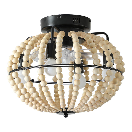 18" Bohemian Wood Beaded Ceiling Fan with Light, Flush Mount Caged Ceiling Fan, Rustic Farmhouse Low Profile Fan Light Fixture for Indoor Home Decor (Silent/6-Speed/Reversible/DC Motor) (No Bulbs)