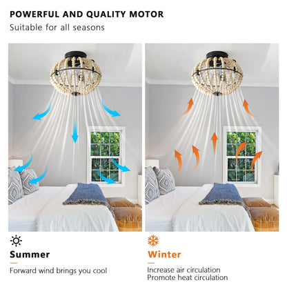 18" Bohemian Wood Beaded Ceiling Fan with Light, Flush Mount Caged Ceiling Fan, Rustic Farmhouse Low Profile Fan Light Fixture for Indoor Home Decor (Silent/6-Speed/Reversible/DC Motor) (No Bulbs)