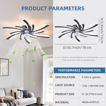 30.7In Ceiling Fan with Lights, Remote Control 3 Color Temperatures,6 Gear wind Speed Fan Light