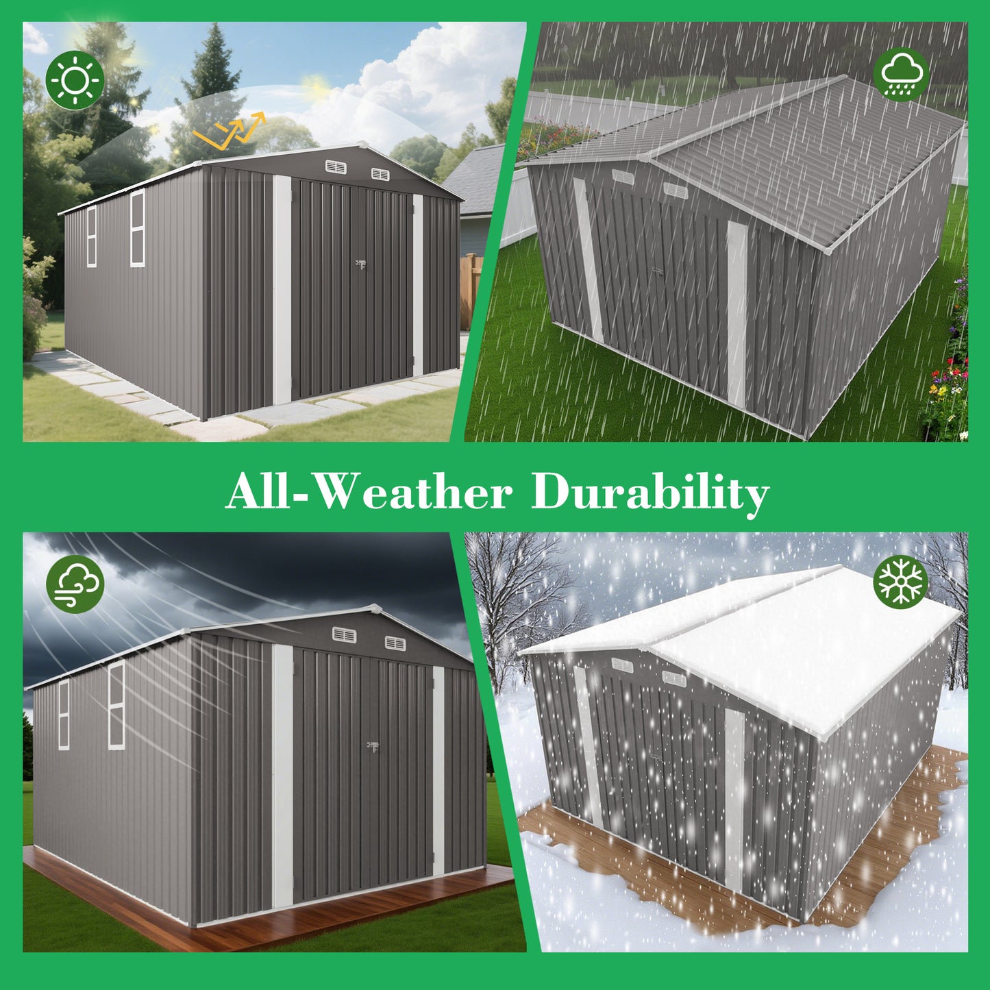10x12FT Outdoor Storage Shed Large Metal Garden Shed with Double Door Two Window Waterproof Tool Shed for Backyard Patio Lawn Poolside ,Grey