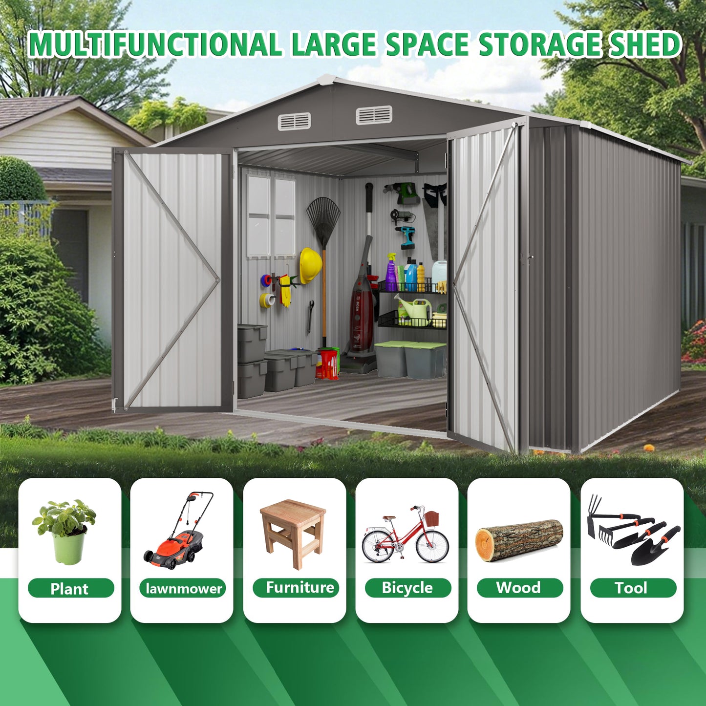 10x12FT Outdoor Storage Shed Large Metal Garden Shed with Double Door Two Window Waterproof Tool Shed for Backyard Patio Lawn Poolside ,Grey