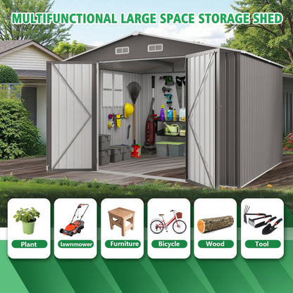 10x12FT Outdoor Storage Shed Large Metal Garden Shed with Double Door Two Window Waterproof Tool Shed for Backyard Patio Lawn Poolside ,Grey