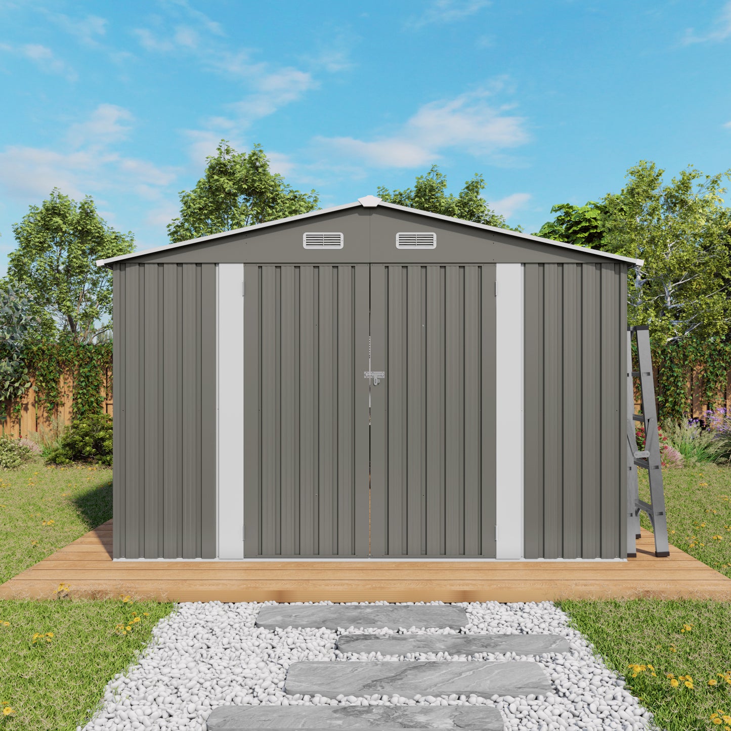 10x12FT Outdoor Storage Shed Large Metal Garden Shed with Double Door Two Window Waterproof Tool Shed for Backyard Patio Lawn Poolside ,Grey