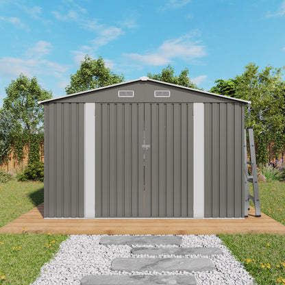 10x12FT Outdoor Storage Shed Large Metal Garden Shed with Double Door Two Window Waterproof Tool Shed for Backyard Patio Lawn Poolside ,Grey