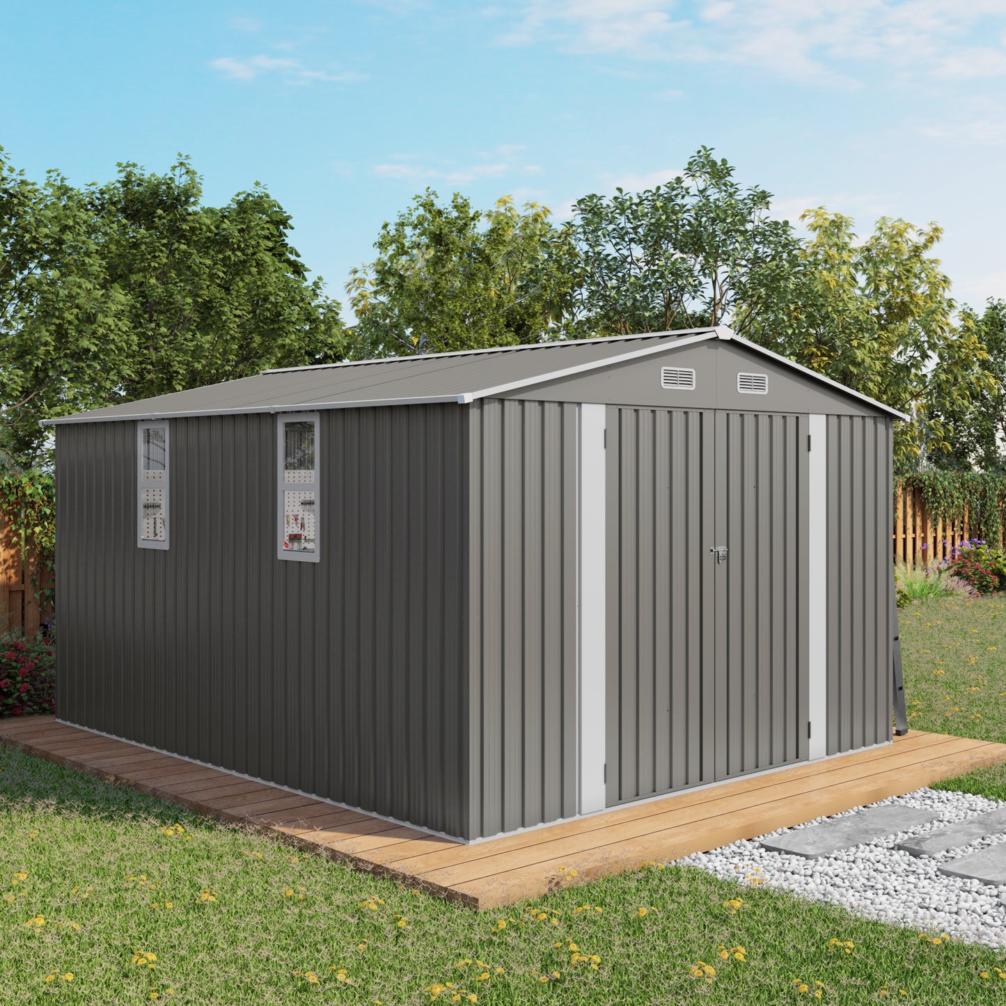 10x12FT Outdoor Storage Shed Large Metal Garden Shed with Double Door Two Window Waterproof Tool Shed for Backyard Patio Lawn Poolside ,Grey
