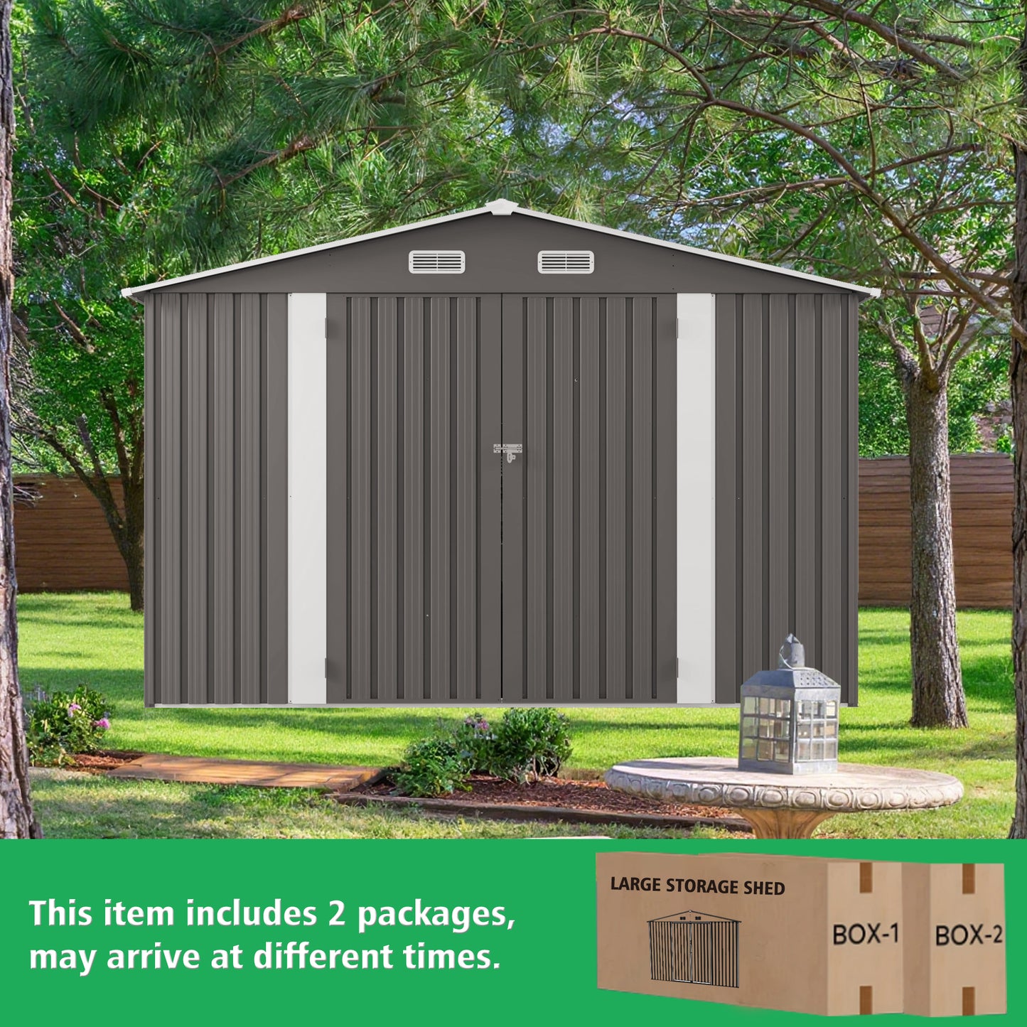 10x12FT Outdoor Storage Shed Large Metal Garden Shed with Double Door Two Window Waterproof Tool Shed for Backyard Patio Lawn Poolside ,Grey