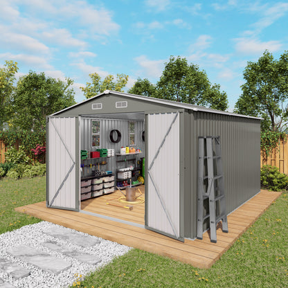 10x12FT Outdoor Storage Shed Large Metal Garden Shed with Double Door Two Window Waterproof Tool Shed for Backyard Patio Lawn Poolside ,Grey