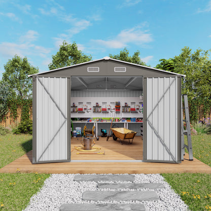 10x12FT Outdoor Storage Shed Large Metal Garden Shed with Double Door Two Window Waterproof Tool Shed for Backyard Patio Lawn Poolside ,Grey