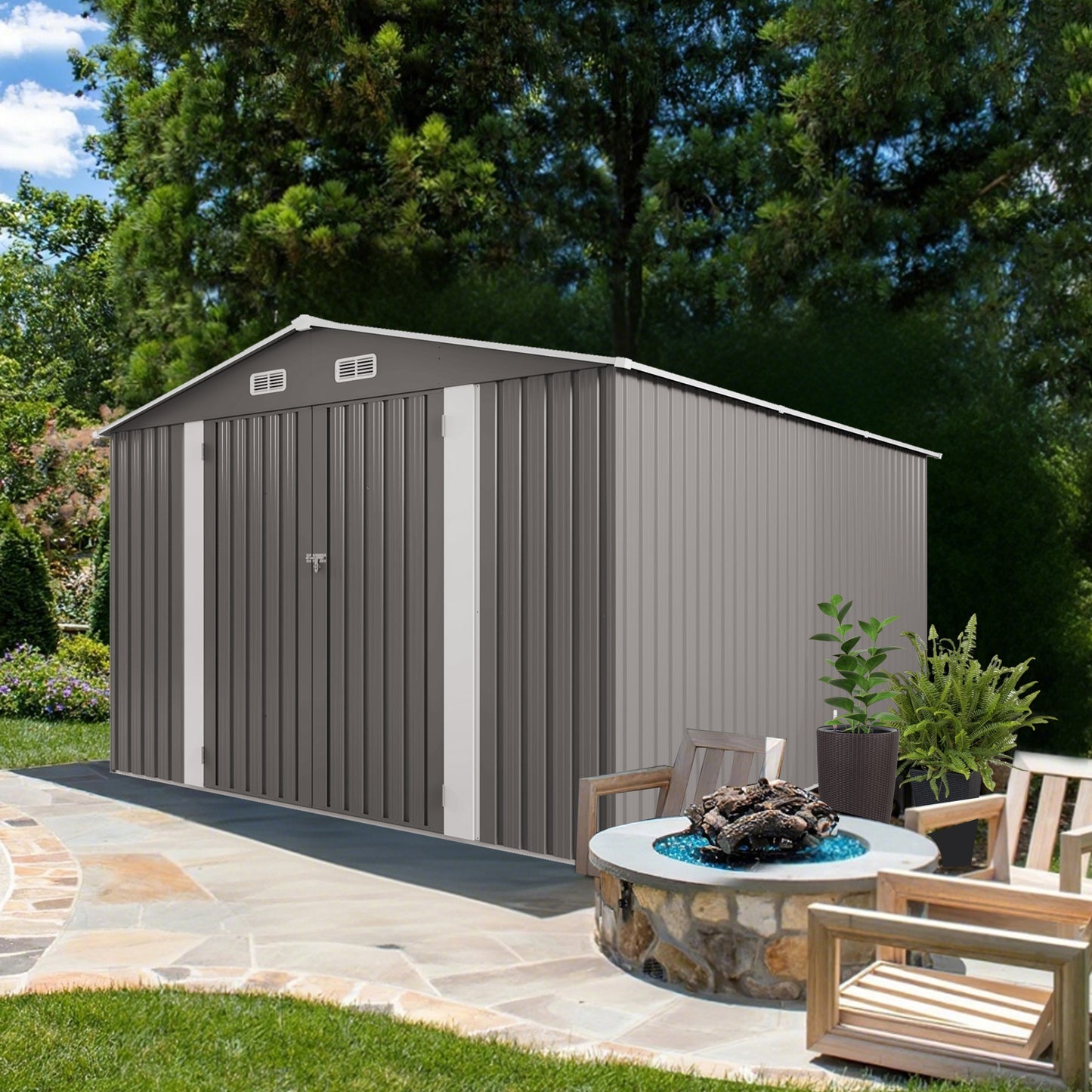 10x12FT Outdoor Storage Shed Large Metal Garden Shed with Double Door Two Window Waterproof Tool Shed for Backyard Patio Lawn Poolside ,Grey