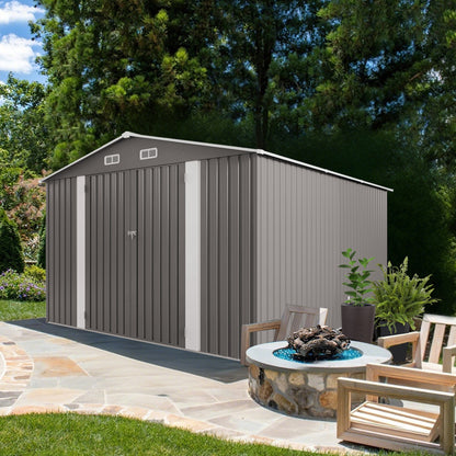 10x12FT Outdoor Storage Shed Large Metal Garden Shed with Double Door Two Window Waterproof Tool Shed for Backyard Patio Lawn Poolside ,Grey
