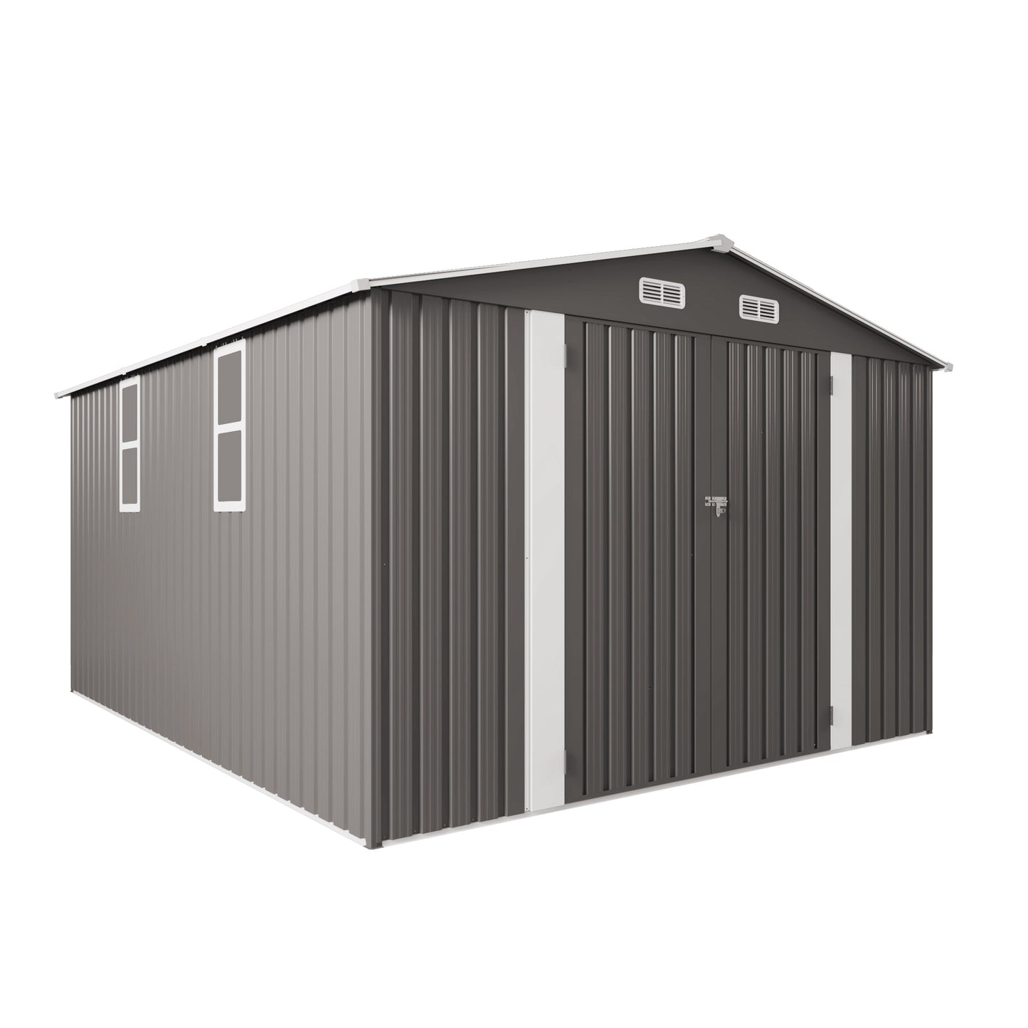 10x12FT Outdoor Storage Shed Large Metal Garden Shed with Double Door Two Window Waterproof Tool Shed for Backyard Patio Lawn Poolside ,Grey
