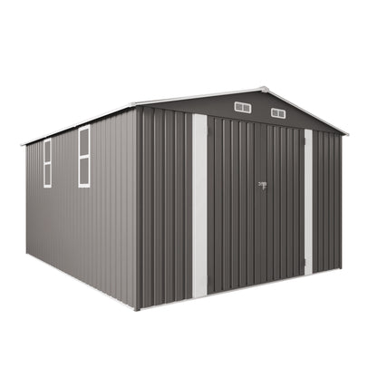 10x12FT Outdoor Storage Shed Large Metal Garden Shed with Double Door Two Window Waterproof Tool Shed for Backyard Patio Lawn Poolside ,Grey