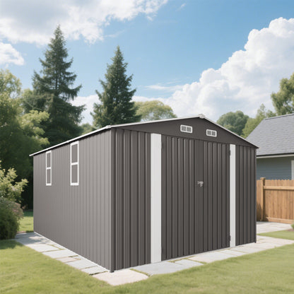 10x12FT Outdoor Storage Shed Large Metal Garden Shed with Double Door Two Window Waterproof Tool Shed for Backyard Patio Lawn Poolside ,Grey