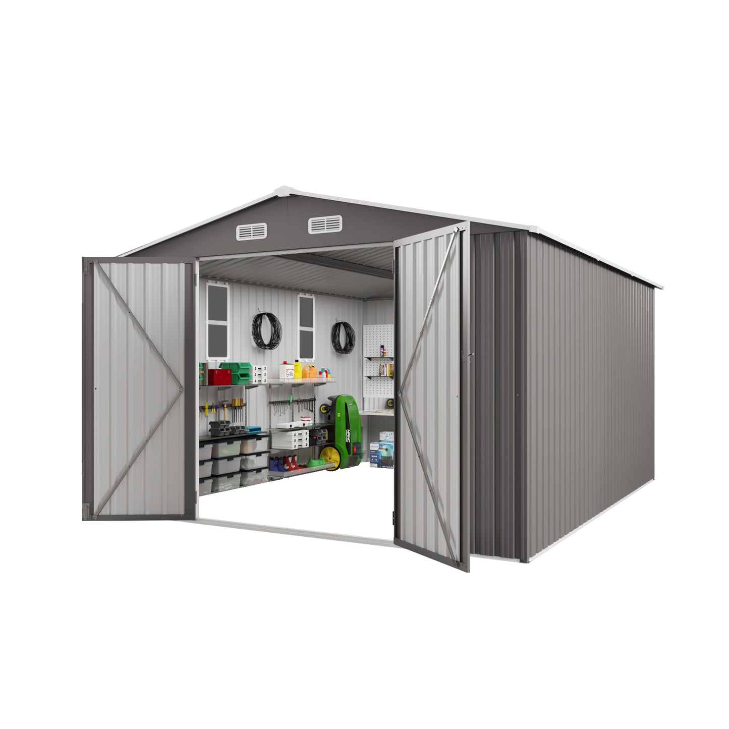 10x12FT Outdoor Storage Shed Large Metal Garden Shed with Double Door Two Window Waterproof Tool Shed for Backyard Patio Lawn Poolside ,Grey