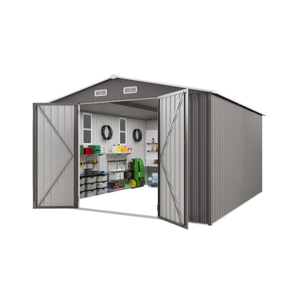 10x12FT Outdoor Storage Shed Large Metal Garden Shed with Double Door Two Window Waterproof Tool Shed for Backyard Patio Lawn Poolside ,Grey