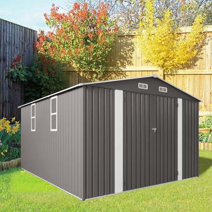 10x12FT Outdoor Storage Shed Large Metal Garden Shed with Double Door Two Window Waterproof Tool Shed for Backyard Patio Lawn Poolside ,Grey