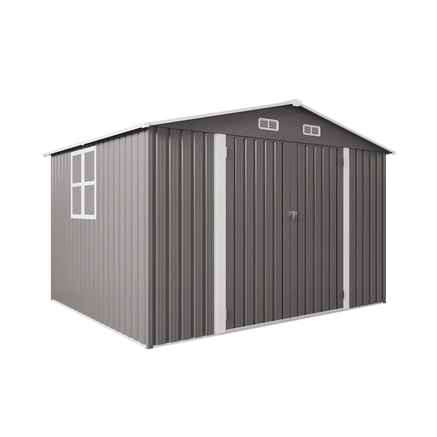 10 x 8 FT Outdoor Storage Shed, Large Metal Storage Shed, Lockable Door and Air Vent, Clear Window Garden Tool Shed for Bicycles, Tools, Lawnmowers, Backyards, Patios, Lawns - Gray