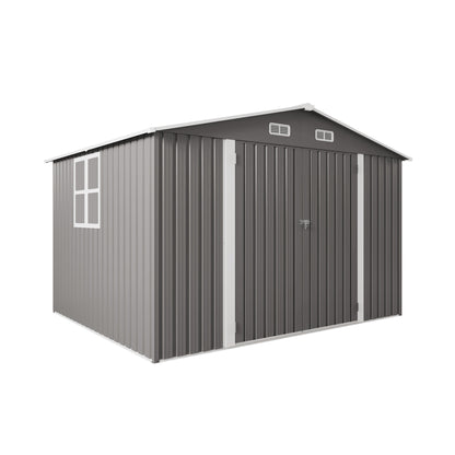 10 x 8 FT Outdoor Storage Shed, Large Metal Storage Shed, Lockable Door and Air Vent, Clear Window Garden Tool Shed for Bicycles, Tools, Lawnmowers, Backyards, Patios, Lawns - Gray