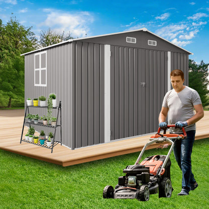 10 x 8 FT Outdoor Storage Shed, Large Metal Storage Shed, Lockable Door and Air Vent, Clear Window Garden Tool Shed for Bicycles, Tools, Lawnmowers, Backyards, Patios, Lawns - Gray