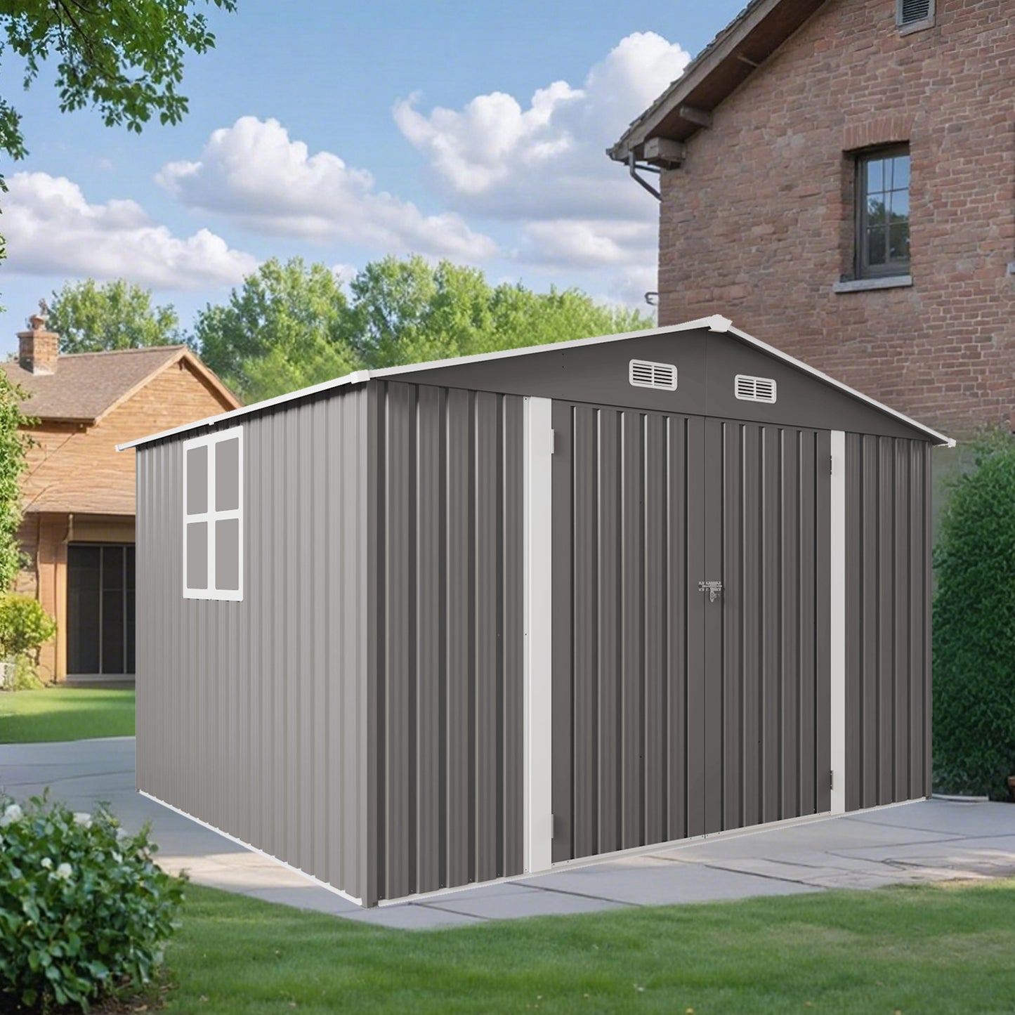 10 x 8 FT Outdoor Storage Shed, Large Metal Storage Shed, Lockable Door and Air Vent, Clear Window Garden Tool Shed for Bicycles, Tools, Lawnmowers, Backyards, Patios, Lawns - Gray