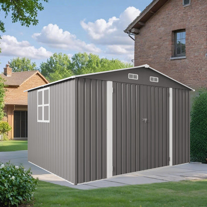 10 x 8 FT Outdoor Storage Shed, Large Metal Storage Shed, Lockable Door and Air Vent, Clear Window Garden Tool Shed for Bicycles, Tools, Lawnmowers, Backyards, Patios, Lawns - Gray