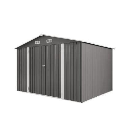 10 x 8 FT Outdoor Storage Shed, Large Metal Storage Shed, Lockable Door and Air Vent, Clear Window Garden Tool Shed for Bicycles, Tools, Lawnmowers, Backyards, Patios, Lawns - Gray