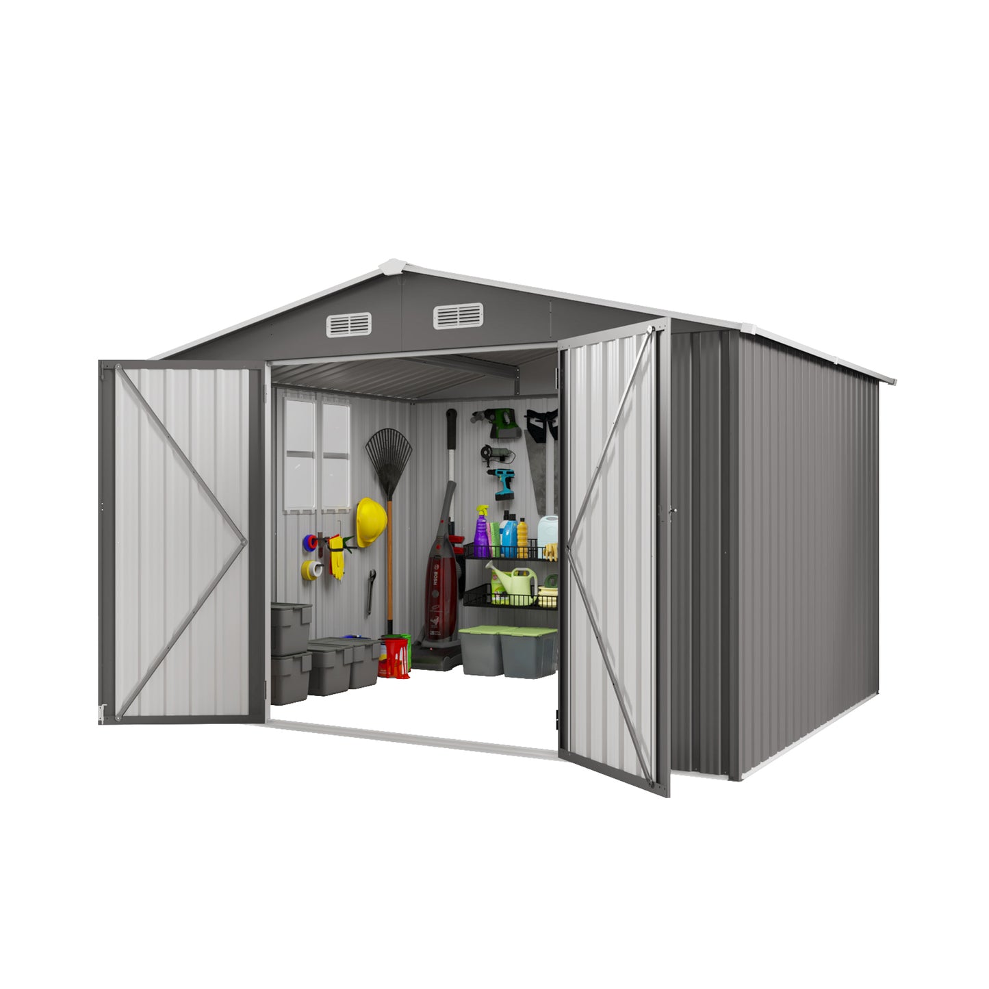 10 x 8 FT Outdoor Storage Shed, Large Metal Storage Shed, Lockable Door and Air Vent, Clear Window Garden Tool Shed for Bicycles, Tools, Lawnmowers, Backyards, Patios, Lawns - Gray