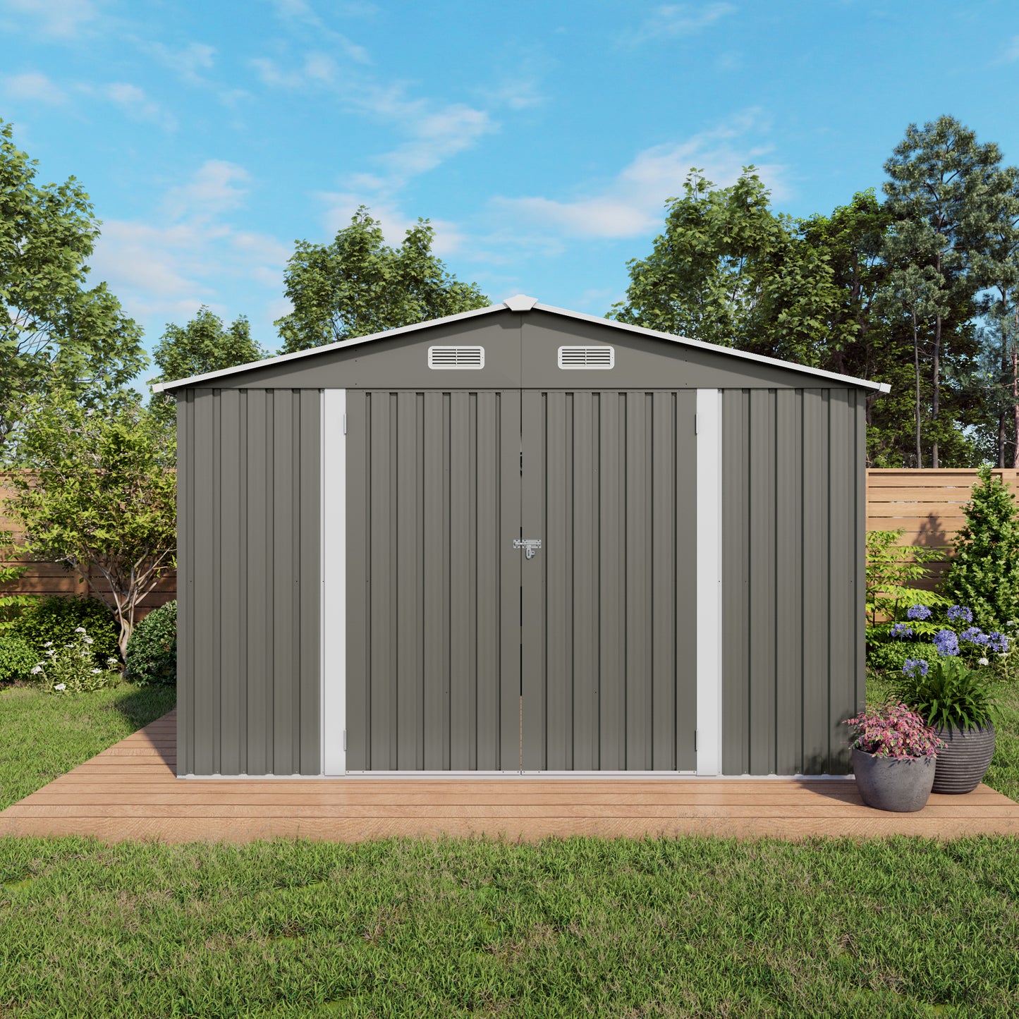 10 x 8 FT Outdoor Storage Shed, Large Metal Storage Shed, Lockable Door and Air Vent, Clear Window Garden Tool Shed for Bicycles, Tools, Lawnmowers, Backyards, Patios, Lawns - Gray